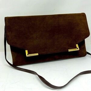 Block Brown Suede Envelope Snap Closure Shoulder Clutch Bag
